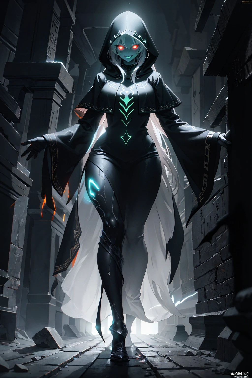 (best quality, high resolution, extremely detailed:1.2), edgCultist girl rising from tomb wearing edgCultist_hood, glowing eyes, smiling, long white hair, glowing accessories, <lora:Dreadifier_last:0.4> , bioluminescence, <lora:edgCultistHood:1> , dark lighting, dynamic lighting, <lora:Gloomifier_V2_TheGlow:0.7> , clothing with intricate detail, detailed clothing, expensive clothing, tomb