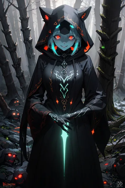 (best quality, high resolution, extremely detailed:1.2), edgCultist girl standing in forest wearing edgCultist_hood, glowing eyes, smiling, detailed twintails, hard accessory, <lora:Dreadifier_last:0.5> , bioluminescence, <lora:edgCultistHood:1> , dark lighting, dynamic lighting,