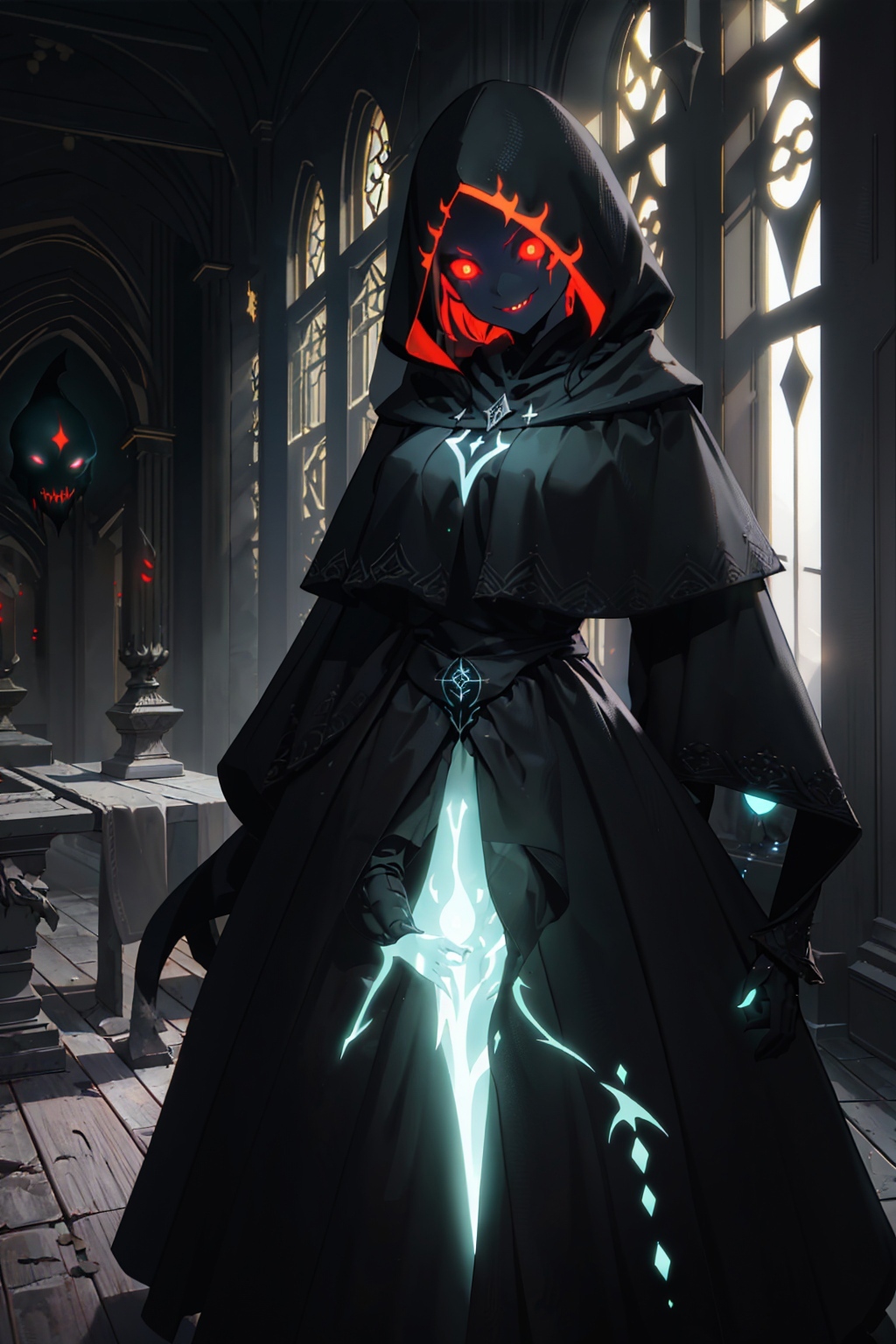 A woman in a black cloak and red eyes stands in a dark room - SeaArt AI
