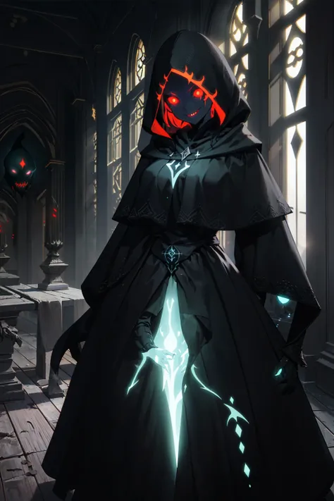 (best quality, high resolution, extremely detailed:1.2), edgCultist girl standing great hall wearing edgCultist_hood, glowing eyes, smiling, detailed twintails, glowing accessories, <lora:Dreadifier_last:0.4> , bioluminescence, <lora:edgCultistHood:1> , dark lighting, dynamic lighting, <lora:Gloomifier_V2_TheGlow:0.7> , castle interior, clothing with intricate detail,