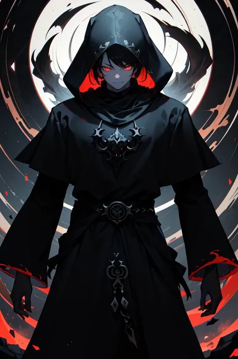 cowboy shot,   <lora:edgCultistHood:1> edgCultist, dark, ominous, wearing edgCultist_hood, glowing eyes,, ultra detailed, masterpiece, best quality, aesthetic, detailed,, solo, smug smile, 1boy, red eyes, <lora:Tsurime3:0.7>, (tsurime:1.2), black hair, undercut, top knot, parted bangs, long bangs, bangs, short hair, hair intakes, tall,