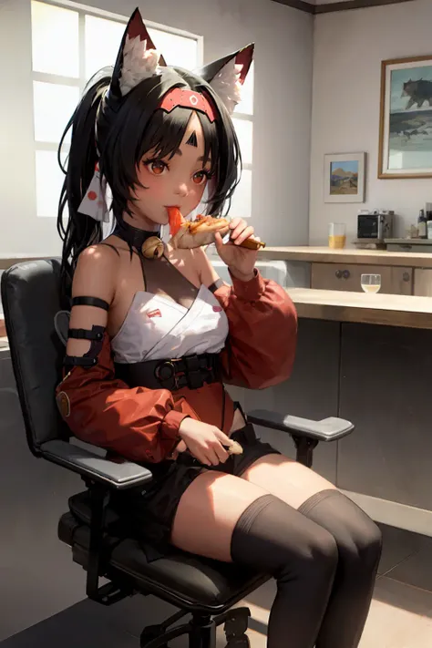 masterpiece, best quality,indoors,1girl,sitting,eating, eating fish