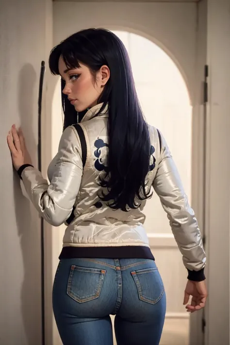 masterpiece, best quality, 1girl, solo, <lora:drivejacket-outfit-richy-v1:1> (print jacket, white jacket), from behind, looking at viewer, looking back, <lora:blackfire:0.95> blackfire, jeans, dark skin