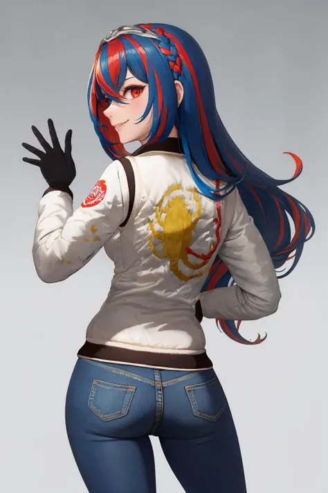 masterpiece, best quality, 1girl, solo, <lora:drivejacket-outfit-richy-v1:1.1> (print jacket, white jacket:1.1), from behind, jeans, standing, looking at viewer, looking back, smile, <lora:alear-fe-richy-v1:1> aleardef, heterochromia, long hair, back