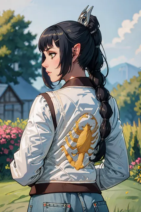 masterpiece, best quality, 1girl, solo, <lora:drivejacket-outfit-richy-v1:1> (print jacket, white jacket), from behind,  <lora:shadowheart:0.95> shadowheart, pointy ears, braid, ponytail, hair ornament, bangs, jeans, outdoors,