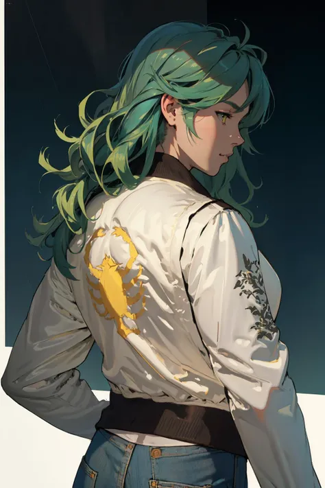 (highly detailed:1.3), (post-Impressionist:1.2), 1girl, solo, <lora:drivejacket-outfit-richy-v1:1.2> (print jacket, white jacket), looking back, parted lips, from behind, jeans, rain, night, dark, darkness, night sky, green hair, messy wavy green hair, yellow eyes <lora:GoodHands-beta2:1>, Pencil drawing, Black and White, B&W, Low detail, sketch, concept art, Manga style, Anime style, line art, webtoon, manhua, chalk, hand drawn, defined lines, simple shades, simplistic, manga page, minimalistic