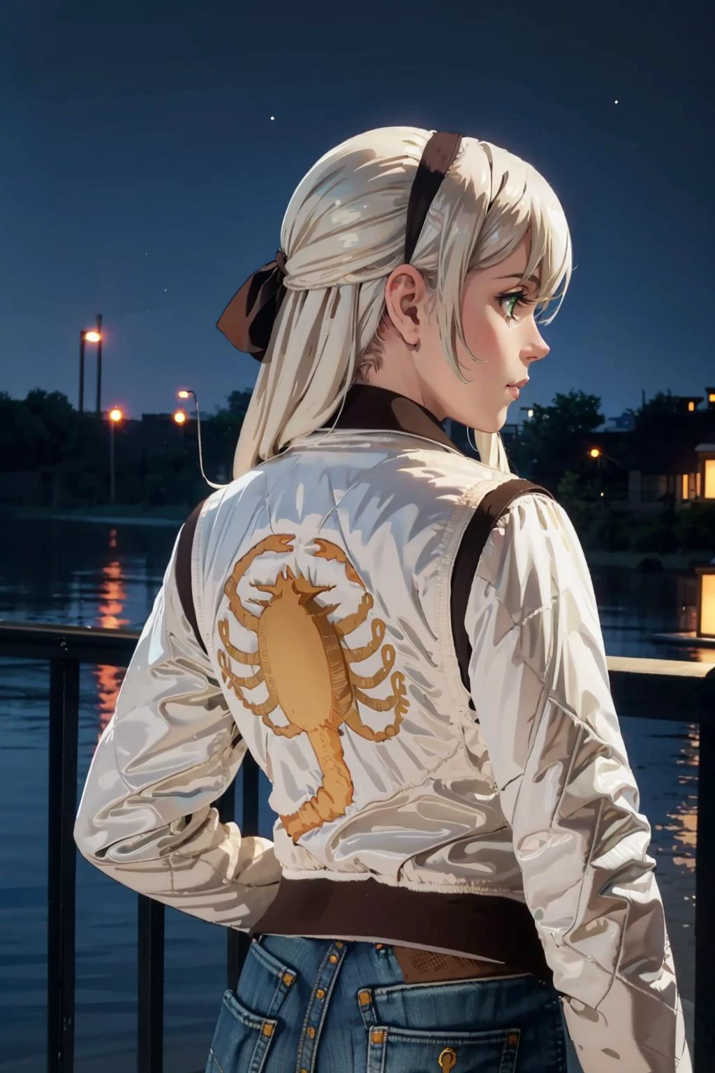 masterpiece, best quality, <lora:elie-nvwls-v2-zero:0.7> elie macdowell, green eyes, hairband, hair ribbon, from behind <lora:drivejacket-outfit-richy-v1:1.3> (print jacket, white jacket), from behind, jeans, 1girl, solo, night sky, cityscape