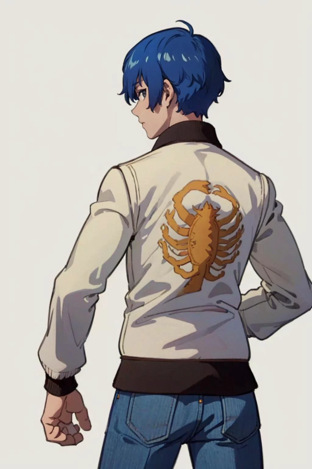 masterpiece, best quality, solo, 1boy, looking at viewer, <lora:drivejacket-outfit-richy-v1:1>, (print jacket, white jacket), from behind, jeans, <lora:MakotoP3_Fp:0.9>, makotop3, simple background,