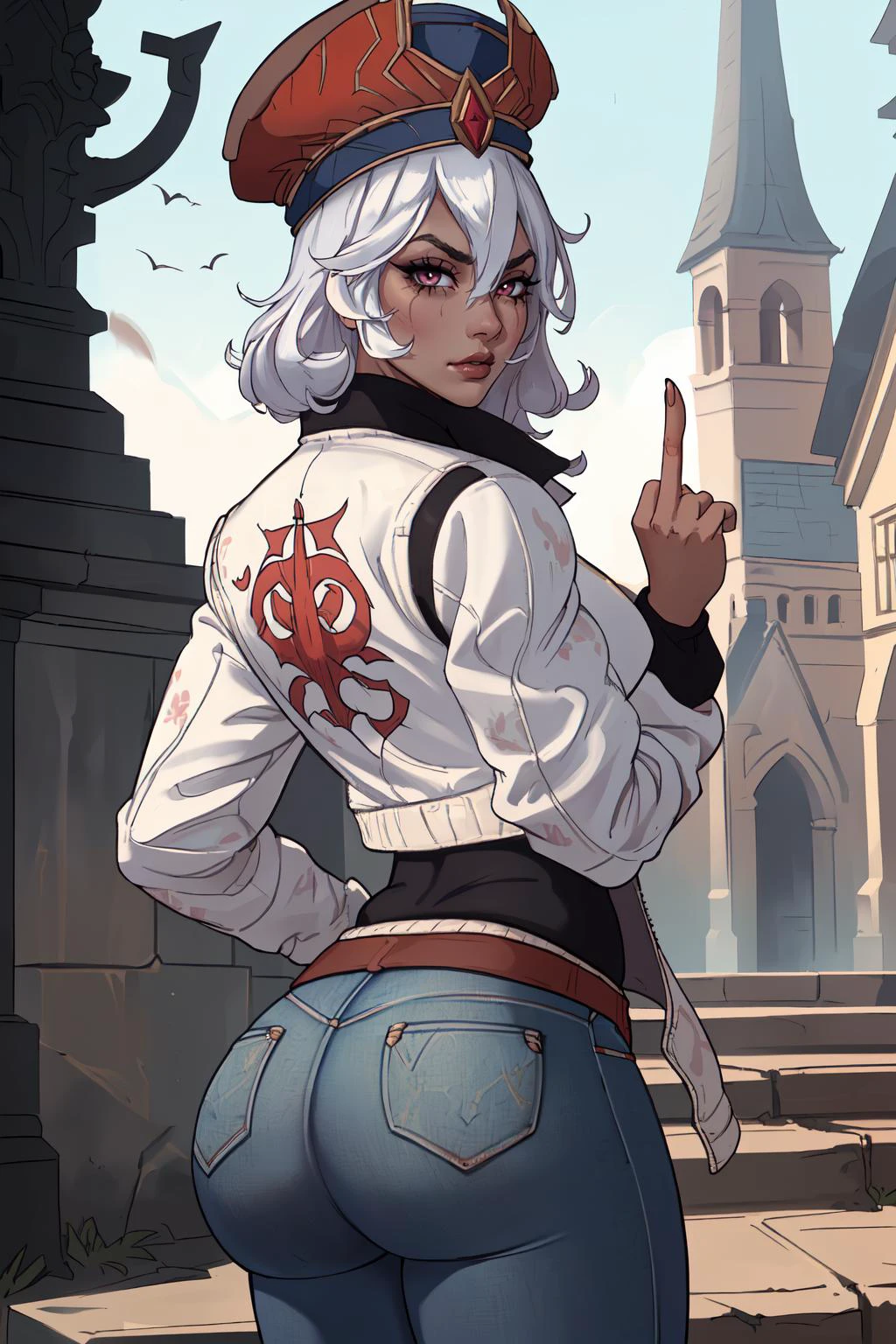 (masterpiece,best quality,absurdres,beautiful,sharp,detailed),cathedral,from behind,cowboy shot,1girl,sallywhitemane,mascara,hair between eyes,hat,serious,middle finger,solo,jeans,(print jacket, white jacket),looking back <lora:drivejacket-outfit-richy-v1:0.8> <lora:midfinger-left-v2-wasabiya:0.8> <lora:sallywhitemane-wow-richy-v1:1>