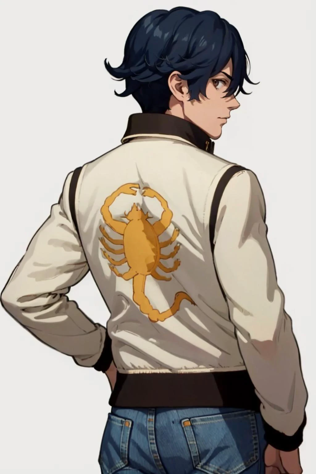 masterpiece, best quality, solo, 1boy, looking at viewer, <lora:drivejacket-outfit-richy-v1:1>, (print jacket, white jacket), from behind, jeans, <lora:NaoyaV3:0.9>, Naoya