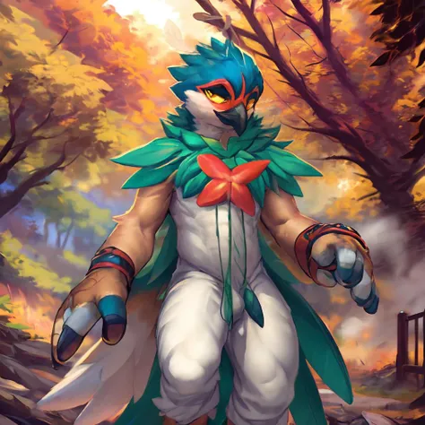 by zackary911,by chunie,(by meesh:1.2),by kiyosan,by sigma, decidueye,male, looking at viewer, standing BREAK,(masterpiece, best quality, ultra realistic, 4k, 2k, (intricate, high detail:1.2),(3d \(artwork\):1.25), blender \(software\), sharp focus, ray tracing, (unreal engine:1.25), absurd res) , detailed background, detailed eyes, yellow eyes, painting <lora:decidueye:0.8> , <lora:add_detail:0.5>
