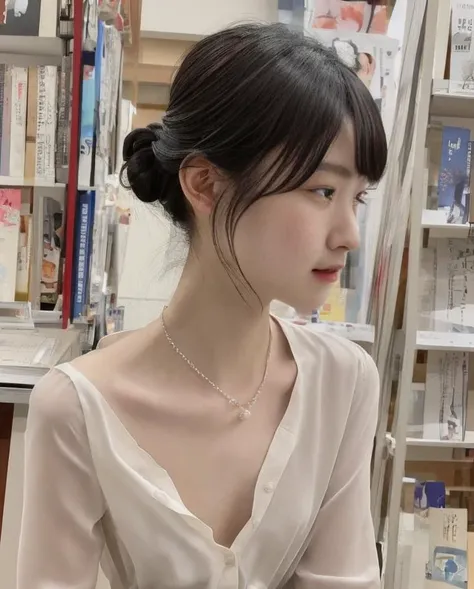 thin 1girl hiyamasaya<lora:hiyamasaya_lora:0.8>, updo hair,bang,study on table ,part lip,look down, munechira:1.25, solo, shirt dress,( nipple slip:1), nipple:1, downblouse:1, pearl neckless, at book store <lora:munechira-000004:0.7> upper body, close up, view in blouse
