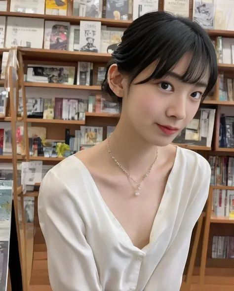 thin 1girl hiyamasaya<lora:hiyamasaya_lora:0.8>, updo hair,bang,study on table ,part lip,look down, munechira:1.25, solo, shirt dress,( nipple slip:1), nipple:1, downblouse:1, pearl neckless, at book store <lora:munechira-000004:0.7> upper body, close up, view in blouse