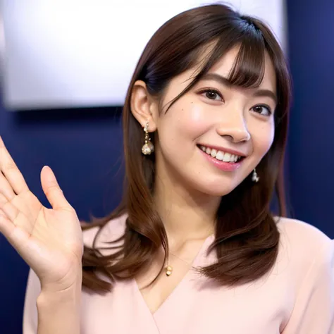 <lora:hiyamasaya_lora-05:0.8>1girl,(wearing a bright pink blouse),(RAW photo, best quality), (((big smile))), (background blue), (realistic, photo-realistic:1.4), (news caster), (news show), ((looking at the camera)),(((directly in front))),masterpiece, an extremely delicate and beautiful, extremely detailed, 2k wallpaper, Amazing, finely detail, extremely detailed CG unity 8k wallpaper, ultra-detailed, highres, beautiful detailed girl, extremely detailed eyes and face, beautiful detailed nose, beautiful detailed eyes,perfect anatomy,smiling, (see here),