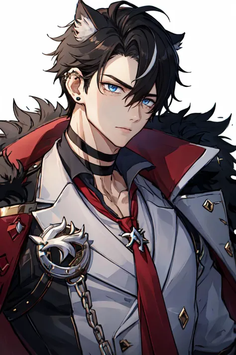 wriothesley, 1boy, simple background, collared shirt, closed mouth, jewelry, blue eyes, fur trim, ring, earrings, white background, piercing, jacket, stud earrings, male focus, ear piercing, solo, black shirt, gloves, fur-trimmed coat, black choker, black gloves, streaked hair, coat, necktie, black hair, shirt, upper body, red necktie, short hair, hair between eyes, symbol-shaped pupils, choker<lora:wriothesley-off:1>