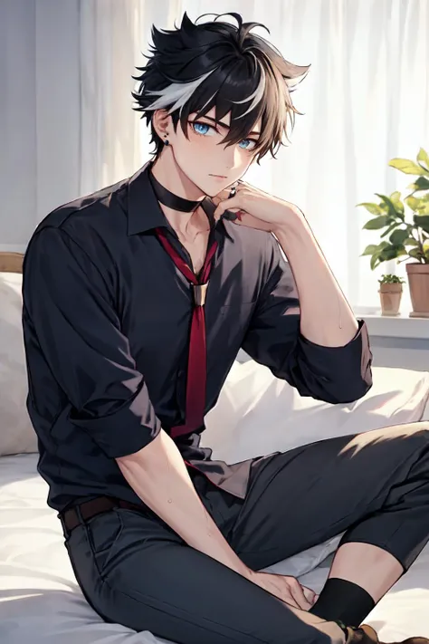 <lora:wriothesley-off:1>wriothesley, 1boy, sitting, collared shirt, jewelry, male focus, sleeves rolled up, pillow, knee up, black shirt, curtains, looking at viewer, bed, indoors, on bed, necktie, black hair, white hair,streaked hair,  shirt, socks, red necktie, pants, short hair, black pants, solo , blue eyes