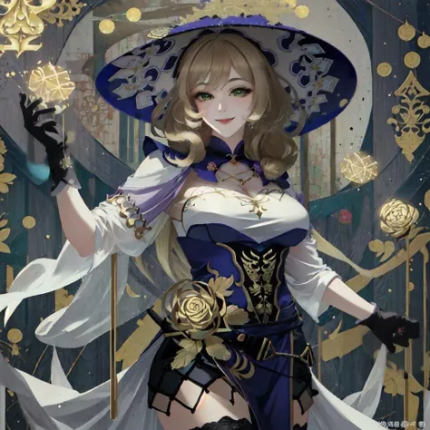<lora:lisaLoraCollectionOf_singleLoraLisa:1> 1girl, lisa \(genshin impact\), witch hat, smile,(masterpiece, top quality, best quality, official art, beautiful and aesthetic:1.2), (1girl:1.3), (fractal art:1.3), thighhighs, big breasts, erotic, wallpaper, dark blonde hair, <lora:beautifulDetailedEyes_v10:0.7>, green eyes, <lora:fashigirl-v5.4-lora-64dim-naivae-5ep:0.5>