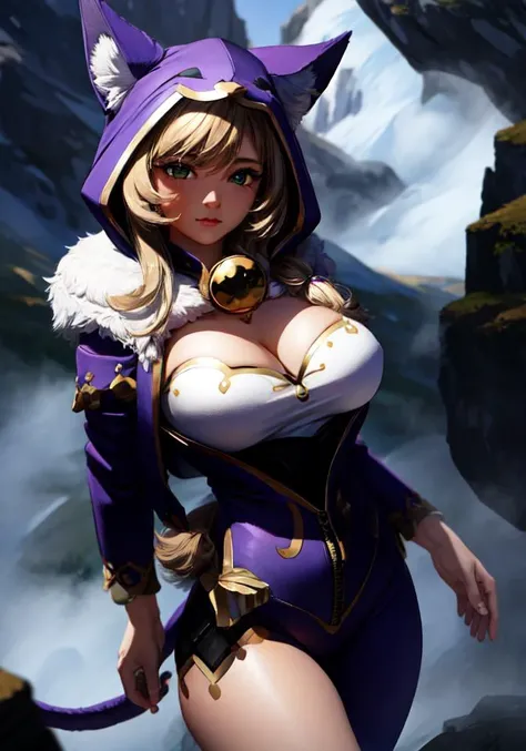 (((masterpiece))), 4k res, highly detailed, (((extremely detailed eyes))), detailed background, cinematic lighting, high quality, best quality, 4k, super detailed,focus sharp,RTX, 8K, beautiful face, 1girl, <lora:wooflamp:0.8> wooflamp,big breasts, hutao, green eyes, twintails,brown hair,purple suit,,hood, zipper open, tail cat, <lora:add_detail:1>, <lora:Lisa_Hard:1>