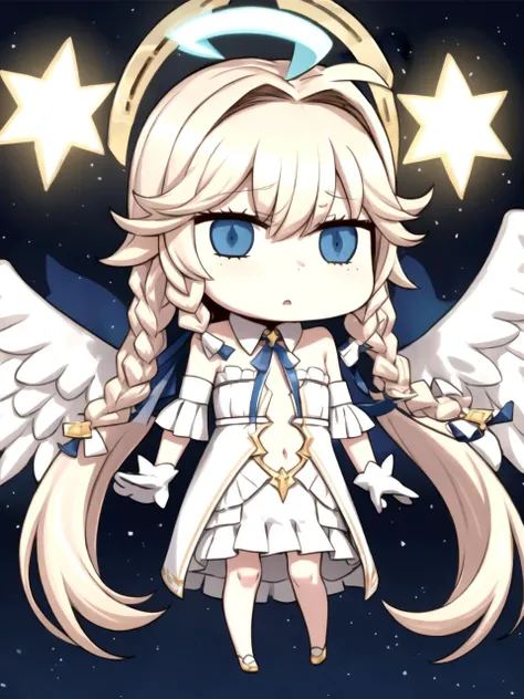 masterpiece, best quality, 1girl, solo, dsaola, blue eyes, blonde hair, very long hair, twin braids, bangs, ahoge, halo, angel, flat chest, white dress, clothing cutout, navel, gloves, detached collar, strapless, neck ribbon, blue ribbon, bare shoulders, angel wings, night, starry sky, floating, full body, chibi, april fools
<lora:dsaola_lc:1> <lora:aprilfools_riyo_lc:1>