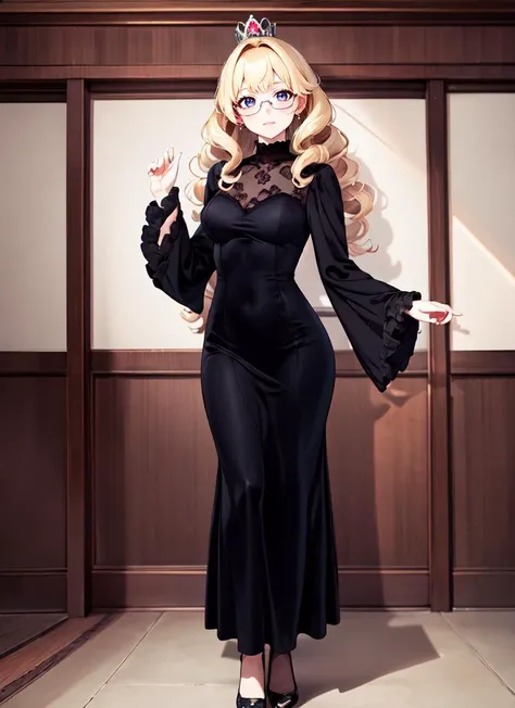((best quality)), ((highly detailed)), masterpiece, absurdres, (detailed eyes, deep eyes), (1girl), (glasses), dynamic pose, full body, <lora:v3lv3tsh33r:.8>, v3lv3tsh33r, long sleeves, standing, black velvet dress, see-through sleeve, princess, ((very long hair)), <lora:big_hair-1.0:1>, big hair, curly hair, blonde hair, large dress, (maxi dress), crown, (indoors, at a cabin)