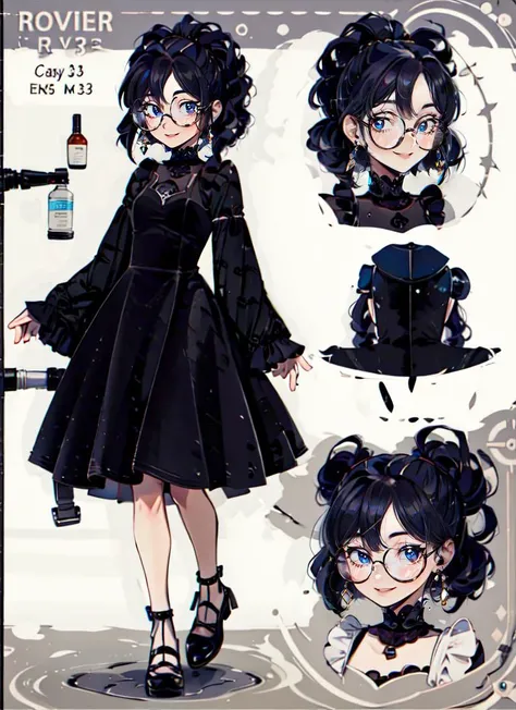 ((best quality)), ((highly detailed)), absurdres, (detailed eyes, deep eyes), (1girl), <lora:CharacterDesign_Concept:.75>, (CharacterSheet:1), (multiple views, full body, upper body, reference sheet:1), pov, <lora:v3lv3tsh33r:.75>, v3lv3tsh33r, long sleeves, standing, black velvet dress, see-through sleeve, nerd, <lora:LoraRoundGlassesV1:.8>, round glasses, thick rimmed glasses, smile, (inside, at a laundryroom)