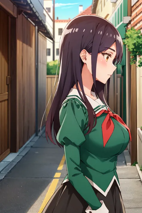 masterpiece, high quality, highres, 1girl, solo, yano, <lora:yano:0.7>, school uniform, (long skirt), long sleeves, puffy sleeves, red neckerchief, outdoors, green shirt, brown eyes, profile, street, breast, upper body
