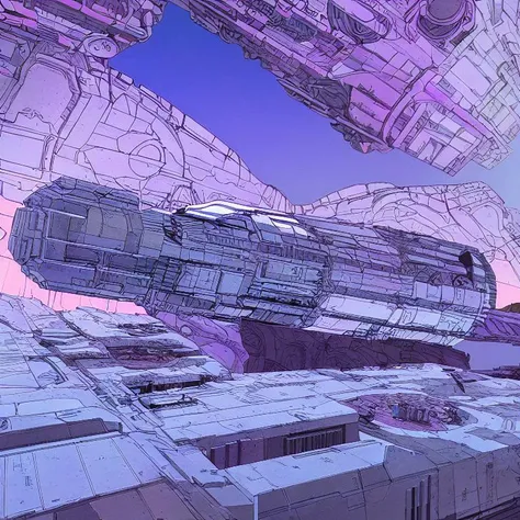 ComplexLA style matte painting of a ((spaceship)) flying over an futuristic alien city, turbulent purple sky clouds, very detailed nurnies|greebles, hard edges, wide angle, panoramic view, science fiction style, sci fi, realistic shaded render, dramatic shadows, ultra detailed, art by Giger