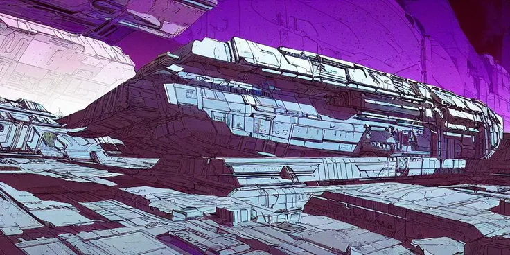 ComplexLA style matte painting of a ((spaceship)) flying over an futuristic alien city, turbulent purple sky clouds, very detailed nurnies|greebles, hard edges, wide angle, panoramic view, science fiction style, sci fi, realistic shaded render, dramatic shadows, ultra detailed, art by Giger