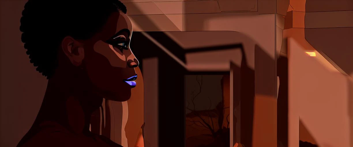 silhouette of a black woman looking out a window, sand dunes of a desert planet