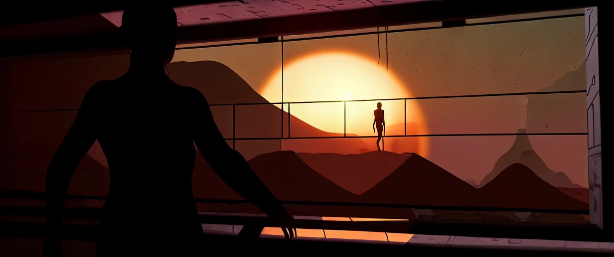 silhouette of a person looking out a window, sand dunes of a desert planet, half sunset setting over the dunes in the distance, one more person in the distance silhouetted by the sun