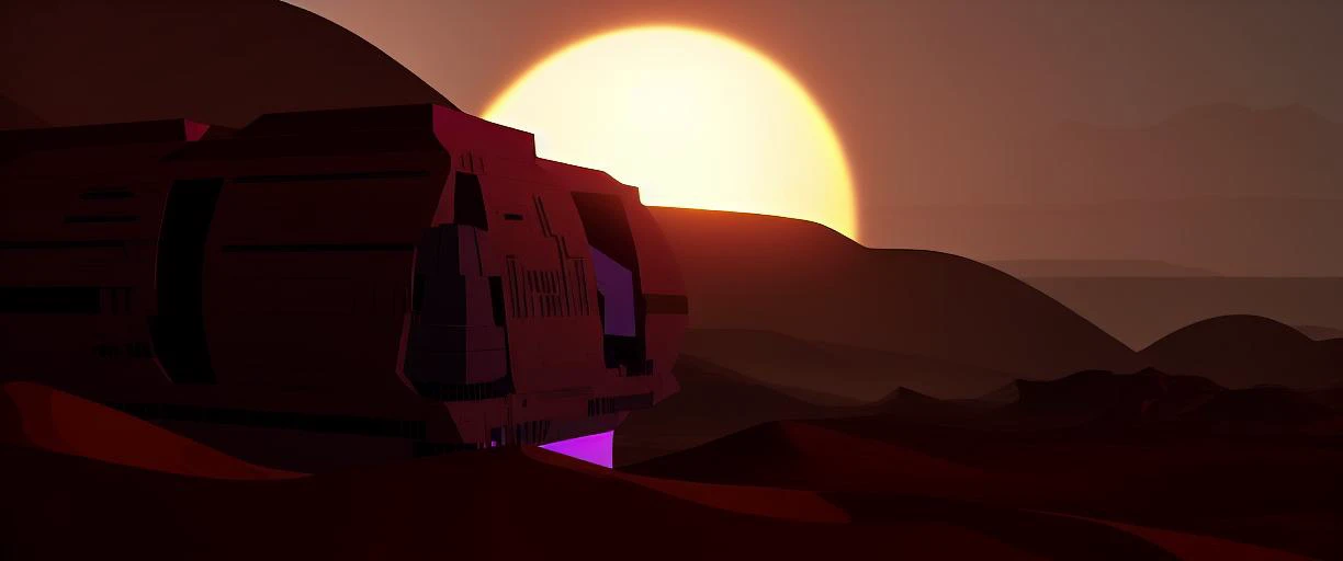 a small research facility on the sand of a desert planet, sand dunes in the distance, half sunset over a sand dune, wide landscape shot