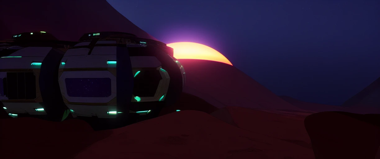 a futuristic research facility on the sand of a desert planet, sand dunes in the distance, sunset, dusk, stars in the night sky