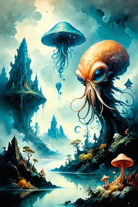 Detailed digital illustration a Cephalopodic aliens with bio-luminescent camouflage at a Floating islands above cloud canyons, <lora:Ethereal_Grace:0.7>, <lora:ParchartXL-1.5:0.7> on parchment, ink illustration, <lora:compb0t:0.7> comprobo
