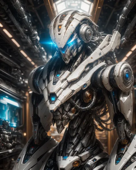 full_body, 1girl, mecha, glowing blue eyes, cute, biomechanical, complex robot, interior spaceship background in bokeh, hyper realistic, hyper detailed, intricate, insane fine details, crisp focus  <lora:compb0t:0.8>