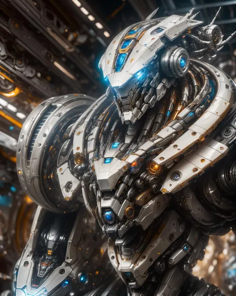 full_body, 1man, mecha, glowing blue eyes, cute, biomechanical, complex robot, interior spaceship background in bokeh, hyper realistic, hyper detailed, intricate, insane fine details, crisp focus <lora:compb0t:0.8>