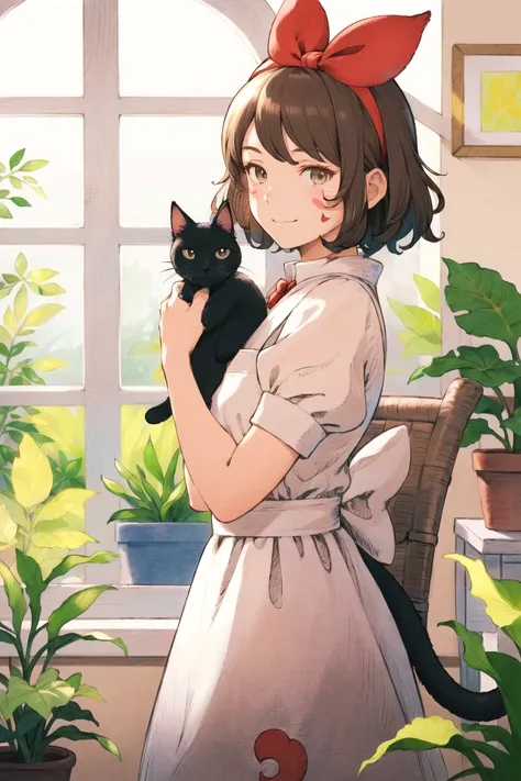kuroimori, 1girl, animal, animal on shoulder, apron, black cat, blurry, bob cut, bow, brown eyes, brown hair, cat, cat on shoulder, cat teaser, chair, closed mouth, depth of field, dress, flower, from side, hair bow, hairband, hanging plant, herb bundle, indoors, looking at viewer, looking to the side, machinery, pink apron, plant, potted plant, puffy short sleeves, puffy sleeves, red bow, short hair, short sleeves, smile, swept bangs, table, tablecloth, white dress, window, kiki \(majo no takkyuubin\), ((masterpiece)) , ((pencil marks)) <lora:kuroimori_offset:1>