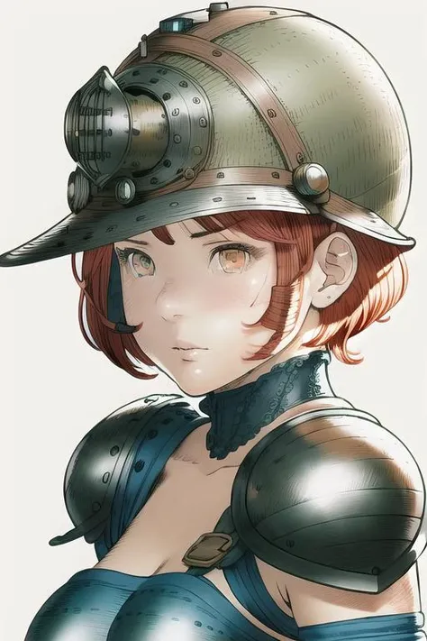 <lora:KuroimoriOffsetStyle:1> kuroimori, 1girl, armor, blue hair, center opening, from side, helmet, holding, holding weapon, long hair, looking to the side, navel, polearm, solo, upper body, weapon, white background, yellow eyes, dragoon \(final fantasy\), ((masterpiece)) ,((pencil marks)), proportional eyes, (realistic:1.5), extremely detailed, hyper detailed, soft lighting, detailed background, extreme detail background, sharp details, beautiful face, symmetrical eyes, short red hair, short hair, red hair, green eyes, woman, high quality, (full body:1.3),