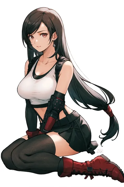 (flat color:1.2), vivid colors, best quality, high resolution, solo, indoors, (huge breasts:1.3), retro anime, sharp, Defined lines, Detailed, makeup, Beautiful face, gorgeous eyes, smile, defTifa, white crop top, elbow pad, fingerless gloves, suspenders, pencil skirt, black socks, from side, sitting