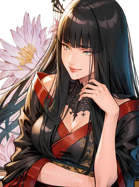 1girl, <lora:yotsuyuGoeBrutus_v10:1>, yotsuyu_ff14, long hair, black_hair, japanese clothes, (mole_under_mouth:0.75), (hand on own face:1.1), smirk, <lora:kuroimoriFinalFantasy_offset:.7>, kuroimori, pencil strokes, cleavage, flower_in_hair