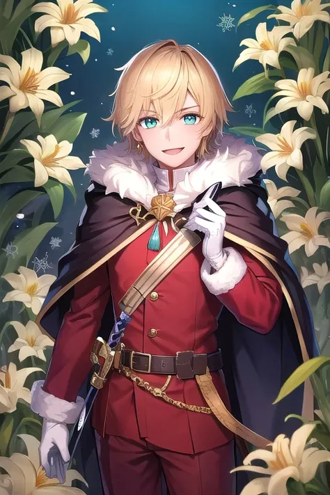 <lora:hizen0620-000028:1>, 1boy, medium hair, blonde hair, straight on, best quality, masterpiece, cape, crown, daisy, eyebrows visible through hair, floral background, flower, fur-trimmed cape, fur trim, gloves, green eyes, holding, lily \(flower\), long sleeves, looking at viewer, mini crown, pants, red cape, red cloak, smile, snowflakes, solo, sword, white flower, white gloves