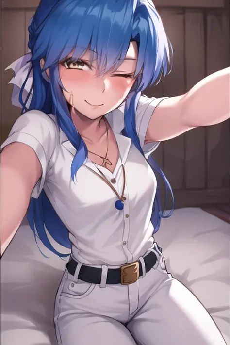 best quality, masterpiece, <lora:hizen0620-000028:1>, 1girl, solo, long hair, looking at viewer, blush, smile, brown eyes, blue hair, one eye closed, pants, v, white pants, selfie, kisaragi chihaya, parted bangs