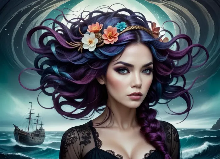 Horror-themed A haunting, atmospheric scene of a shipwreck on a mysterious island, with dramatic lighting and intricate textures inspired by Tyler Edlin's style <lora:FF.84.sdvn6Realxl_detailface.lora:1> Whimsical creatures with floral elements by Kelly McKernan A moody portrait of a woman with swirling, vibrant colors in her hair . Eerie, unsettling, dark, spooky, suspenseful, grim, highly detailed