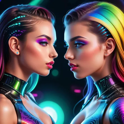 Psychedelic style <lora:FFai.0058.Wyvernmix15xl_Xlv11.lora:1> <lora:FF-WoMM-XL-FA-v0208-TE:0.29> a couple of women are kissing each other, lesbian kiss, lesbian art, beautiful sci - fi twins, portrait of two girls kissing, lesbian embrace, cybernetic and highly detailed, kissing, gorgeous digital art, kissing each other, aetherpunk airbrush digital art, kissing together, high - quality digital art, high-quality digital art, cyborg - girl, lesbians,(Oversaturated:1.3),close portrait,(manga:1.3),beautiful,attractive,handsome,trending on ArtStation,DeviantArt contest winner,CGSociety,ultrafine,detailed,studio lighting . Vibrant colors, swirling patterns, abstract forms, surreal, trippy