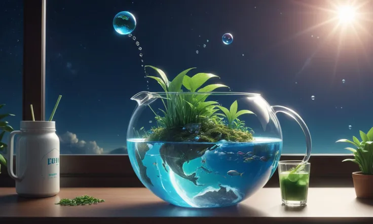 Food photography style <lora:FF-minectaft-XL-FA--v0208-000005.lora:1> (High quality Professional Photo:2) (Ultrarealistic:2),a glass pitcher with a plant inside of it, anime girl drinks energy drink, sprite art, anime visual of a cute girl, made with anime painter studio, splash art anime, anime art, (anime girl), beautiful anime girl, beautiful anime art, beautiful anime artwork, anime picture, beautiful anime woman, made of drink, anime goddess, anime illustration,ultra-realistic smooth edges, ((antialiasing smooth edge quality:1.2)),anti-aliasing, arafed image of a globe with a lot of different things on it, 3d render beeple, style hybrid mix of beeple, beeple colors, beeple!!, in style of beeple, beeple. hyperrealism, in the art style of filip hodas, beeple style, beeple masterpiece, 1girl, bubble, animal, solo, star (sky), fish, scenery, <lora:FF.76.brixlAMustInYour_v20Banu.lora:0.69>,(by Artist Mead Schaeffer:1.3),(Neogothic Art:1.3),(Oversaturated:1.3) . Appetizing, professional, culinary, high-resolution, commercial, highly detailed