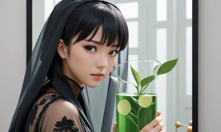 Stacked papercut art of <lora:MinecraFFt-XL-TX-FA-HFv0471.lora:1> (High quality Professional Photo:2) (Ultrarealistic:2),a glass pitcher with a plant inside of it, anime girl drinks energy drink, sprite art, anime visual of a cute girl, made with anime painter studio, splash art anime, anime art, (anime girl), beautiful anime girl, beautiful anime art, beautiful anime artwork, anime picture, beautiful anime woman, made of drink, anime goddess, anime illustration,ultra-realistic smooth edges, ((antialiasing smooth edge quality:1.2)),anti-aliasing, a woman with a veil on her head in front of a mirror, error, digital errors, poster, terror, official poster, japanese inspired poster, poster artwork, film poster, kaoru mori, graphic design poster, a poster, poster design, poster, poster art, 2022, 2 0 2 2, artist unknown, iterior, full poster, <lora:FF.72.endjourneyXL_v11.lora:0.69>,(by Artist WLOP:1.3),(Vanitas:1.3),(Polychromatic:1.3) . 3D, layered, dimensional, depth, precision cut, stacked layers, papercut, high contrast