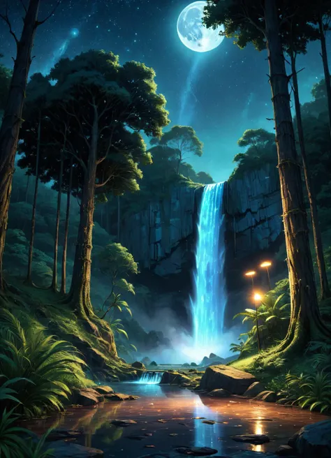 Disco-themed (Magical Photo:1.3) of (Simple illustration:1.3),(Relieving:1.3) <lora:FFusion051-UnetLtX22faf.lora:1> there is a picture of a picture of a forest with a waterfall, 8k stunning artwork, 4k highly detailed digital art, 4k detailed digital art, 8k high quality detailed art, beautiful art uhd 4 k, digital art widescreen 8 k, fantasy forest landscape, moonlit forest environment, dark nature background, mysterious jungle painting, scenery, no humans, bird, tree, outdoors, night, nature, grass, sky, forest, star (sky), rock, night sky, <lora:FF.71.explicitFreedomNSFW_beta.lora:0.69>,(by Artist Paul Cadmus:1.3),Highly Detailed,(Steampunk Art:1.3),(High Contrast:1.3),close portrait,(manga:1.3),beautiful,attractive,handsome,trending on ArtStation,DeviantArt contest winner,CGSociety,ultrafine,detailed,studio lighting . Vibrant, groovy, retro 70s style, shiny disco balls, neon lights, dance floor, highly detailed