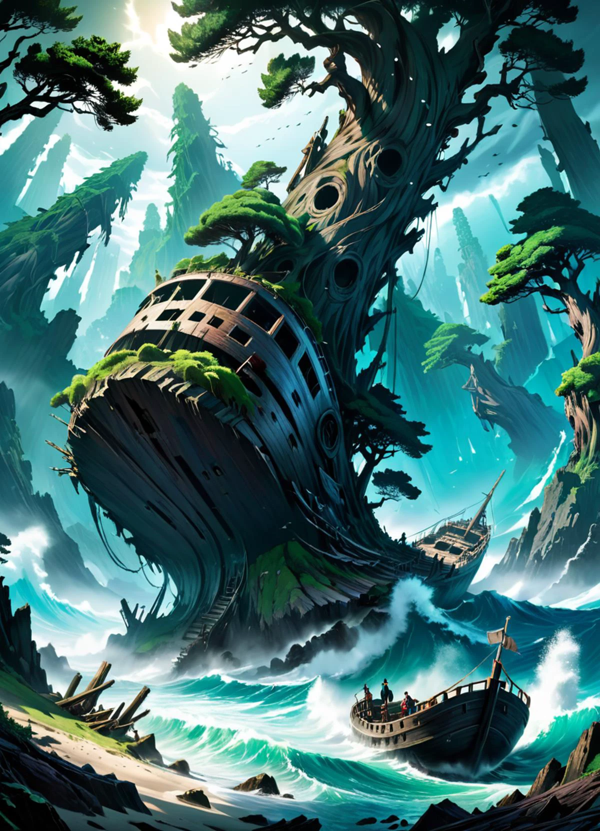anime artwork A haunting, atmospheric scene of a shipwreck on a mysterious island, with dramatic lighting and intricate textures inspired by Tyler Edlin's style <lora:FF.87.RealitiesEdgeXLANIME_20.lora:1> An Ajin: Demi Human confronts their own mortality, unsure of what the future holds A richly textured painting of a group of cypress trees, with swirling brushstrokes and a bold, expressive style . anime style, key visual, vibrant, studio anime, highly detailed