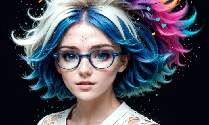 Stacked papercut art of <lora:FF.88.RealitiesEdgeXL_30.lora:0.69> photo of beautiful woman, blue hair and blue glasses, freckles, beautiful, Letters FF on her skin, 3d FF logo, dslr, 8k, 4k, ultrarealistic, realistic, natural skin, textured rubber latex skin, portrait of mad lady scientist, fine art fashion photography, avant garde supermodel, weird stylish avant garde epic, fashion photography, award winning fashion photo, editorial fashion photography, white cyborg fashion shotball with colored powder flying around it on a black background, soccer ball, colourful explosion, colorful explosion, color dispersion, colour splash, full colors hd, explosion of colors, colorful octane render, colorful hd picure, soccer, colourfull, an explosion of colors, colorful 4k, colorful picture, color explosion, explosive colors, color splash, a close up of a tree in a glass cube with a forest in the background, 3d render beeple, stylized 3d render, high quality voxel art, 3d render stylized, in the art style of filip hodas, stylized as a 3d render, detailed digital 3d art, 3d render digital art, no humans, scenery, tree, glass, nature, water, <lora:FF.71.explicitFreedomNSFW_beta.lora:0.69>,(by Artist Leonardo Coccorante:1.3),(Art Brut:1.3),(Polychromatic:1.3) . 3D, layered, dimensional, depth, precision cut, stacked layers, papercut, high contrast