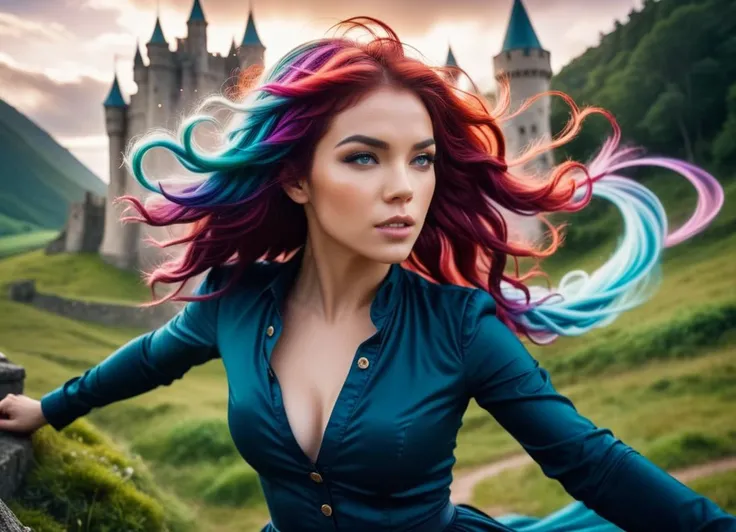 cinematic photo A dramatic, cinematic scene of a fantastical battle or skirmish, with dynamic poses and stylized effects in the style of Tyler Edlin <lora:FF.84.sdvn6Realxl_detailface.lora:1> Fantasy landscape with castle by Kelly McKernan A moody portrait of a woman with swirling, vibrant colors in her hair . 35mm photograph, film, bokeh, professional, 4k, highly detailed