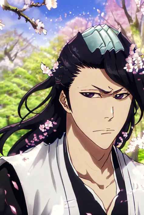 1boy, upper body, expressionless, japanese clothes, long hair, solo, cherry blossoms, looking at viewer,
